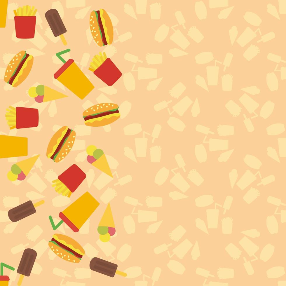 Karte mit Fast Food, Cheeseburger, Pommes Frites, Eis, Soda. Fast-Food-Hintergrund. broschüre mit leerem platz für text. vektor