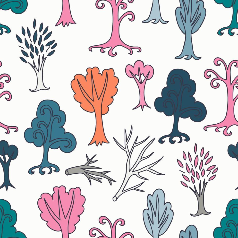 süßes doodle nahtloses muster mit verschiedenen bäumen und zweigen. hand gezeichneter unendlichwaldhintergrund. Cartoon-Wald. das beste für design, textil, stoff, geschenkpapier, kinder. vektor