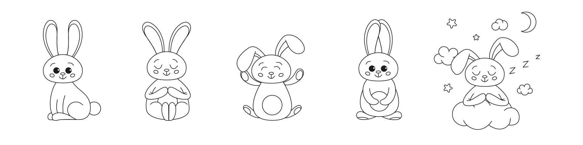 uppsättning av söta kontur kaniner, kanin för färgläggning. kaniner kaniner tecknad kontur målarbok eller sida för barn. glad påsk i doodle stil. illustration vektor. vektor