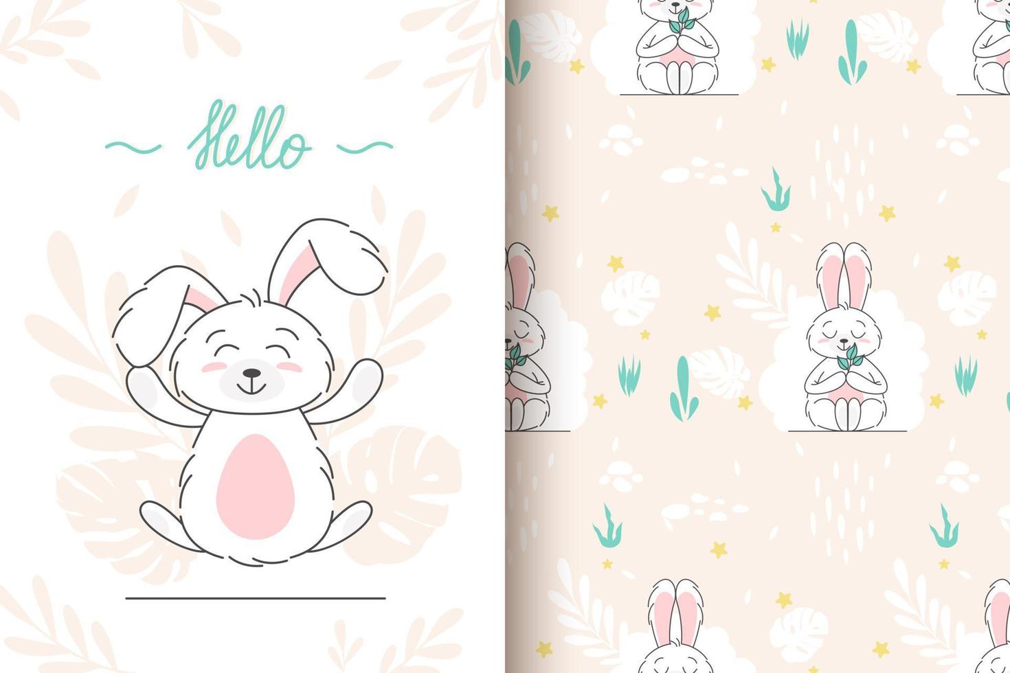 Karte, nahtloses Muster eines niedlichen Häschens. kinderkonzept. fröhliche osterkaninchen verschiedene posen zeichentrickfiguren. Hase mit Blumenblättern. design für baby, kinderposter, karte, einladung. Vektor