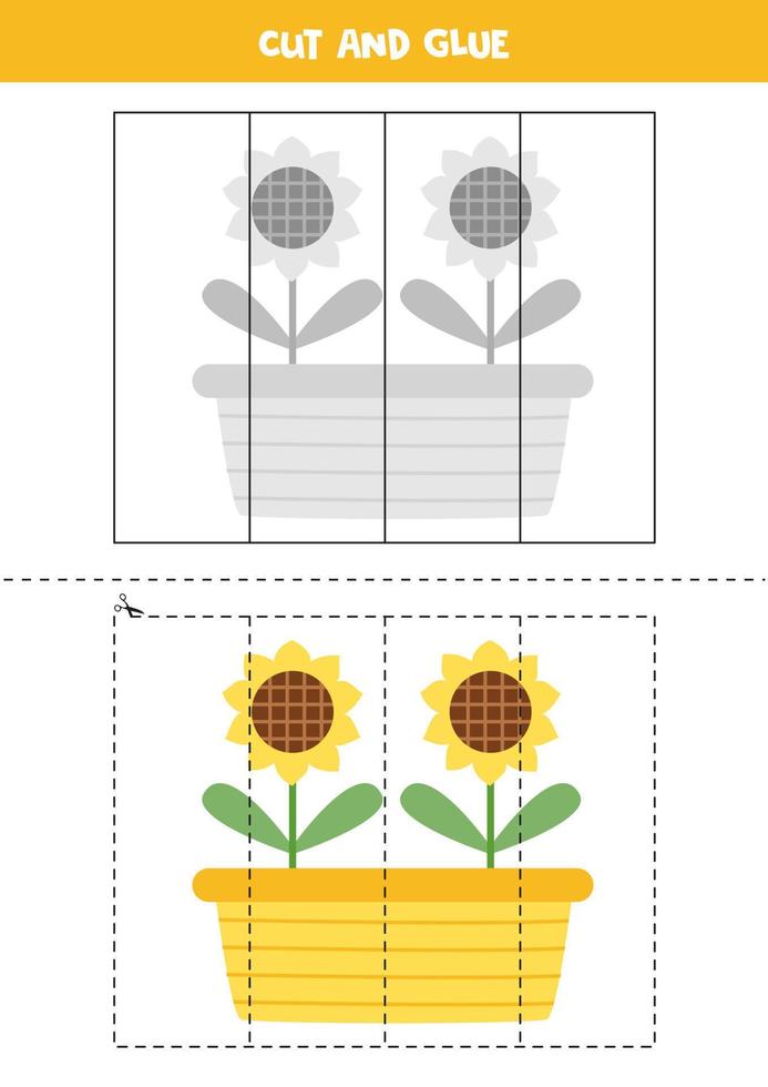 Schnitt- und Klebespiel für Kinder. süße Sonnenblumen. vektor