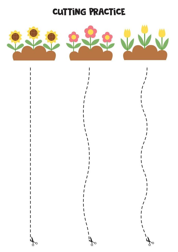 Schnittübungen für Kinder mit Cartoon-Blumenbeeten. vektor