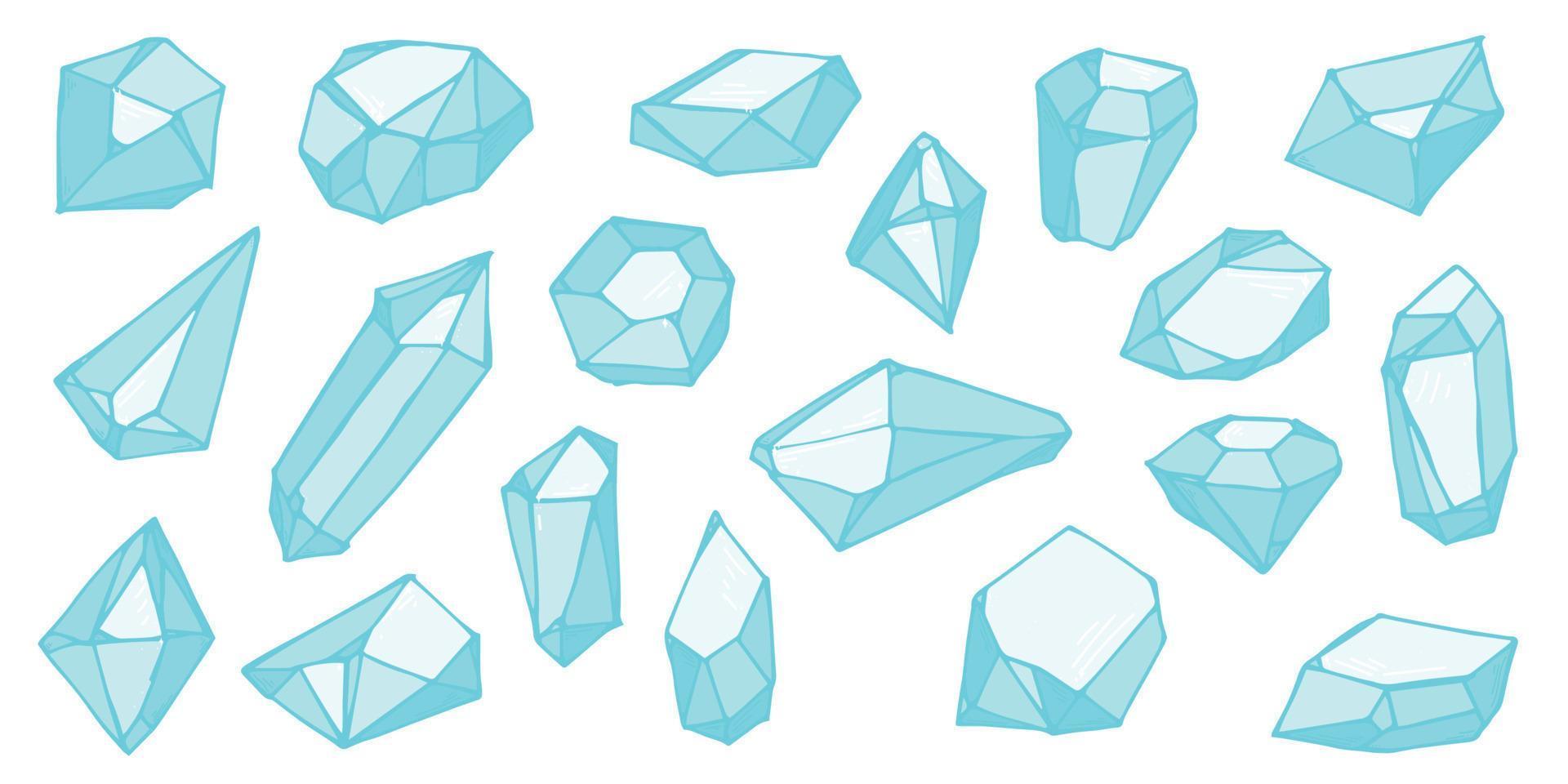 handgezeichneter Kristallsatz. geometrische edelsteine diamanten vektorillustrationssammlung. bunte Glasscherben. für geologie, juwelier, dekoration, spiel, web. vektor