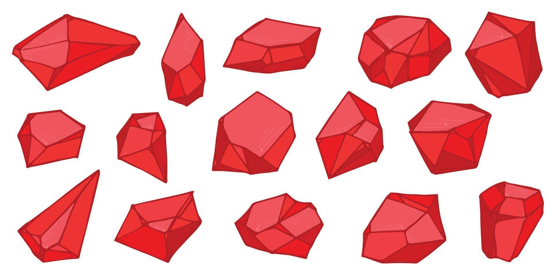 handritade kristaller set. geometriska ädelstenar diamanter vektor illustrationer samling. färgglad glasskärva. för geologi, smyckesbutik, dekoration, spel, webb.