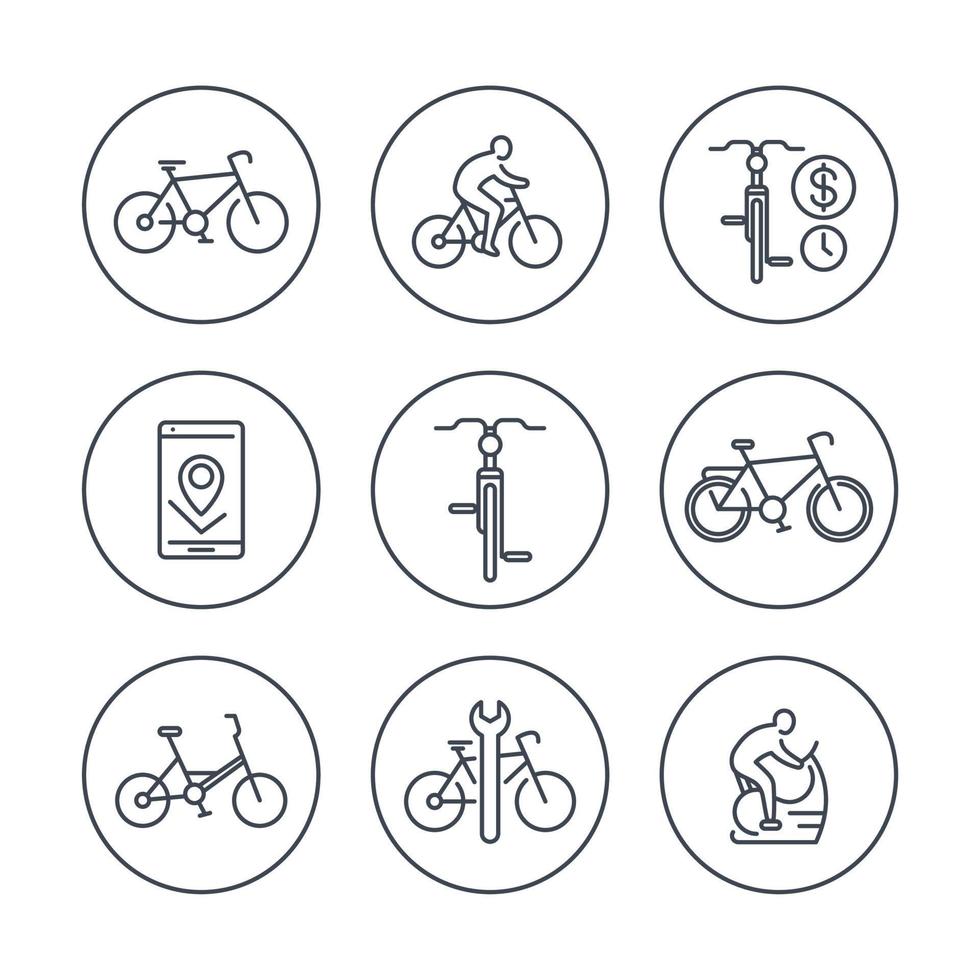 cykling, cyklist, cykel, cykel reparation, linje ikoner i cirklar, vektorillustration vektor