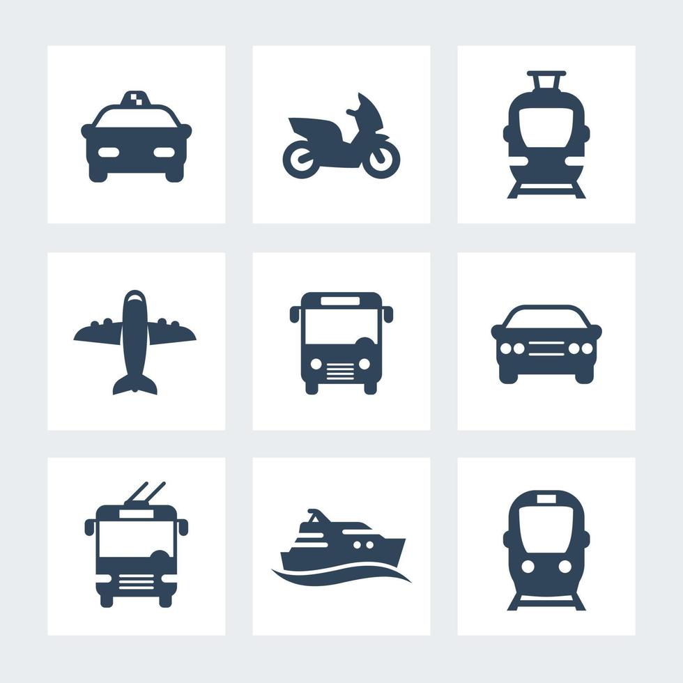 Symbole für den Personenverkehr, Vektor für öffentliche Verkehrsmittel, Bus, U-Bahn, Auto, Taxi, Flugzeug, Schiff, einfache Symbole isoliert auf Weiß, Vektorillustration