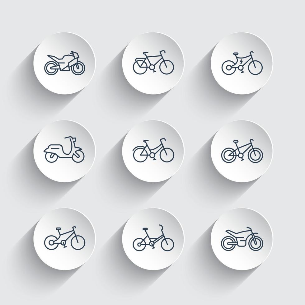 Fahrräder Linie Symbole gesetzt, Radfahren, Motorrad, Motorrad, Fatbike, Roller, Elektrofahrrad vektor