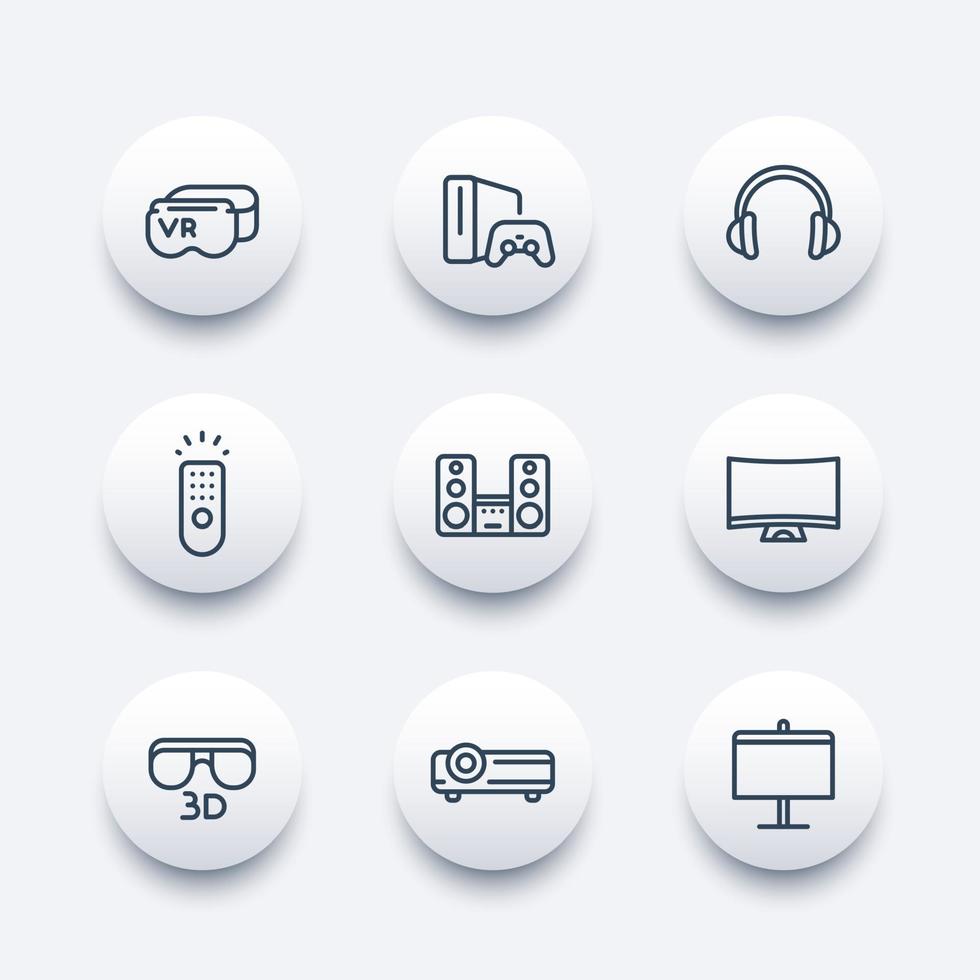 ikoner för hemunderhållningssystem, virtuell verklighetsglasögon, multimediaprojektor, 3d, böjd tv, ljudhögtalare, spelkonsol vektor