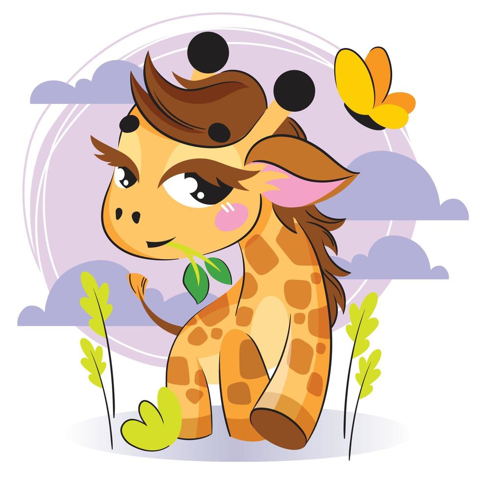 en söt liten giraffunge tuggar på en kvist. barns förskola illustration. vektor