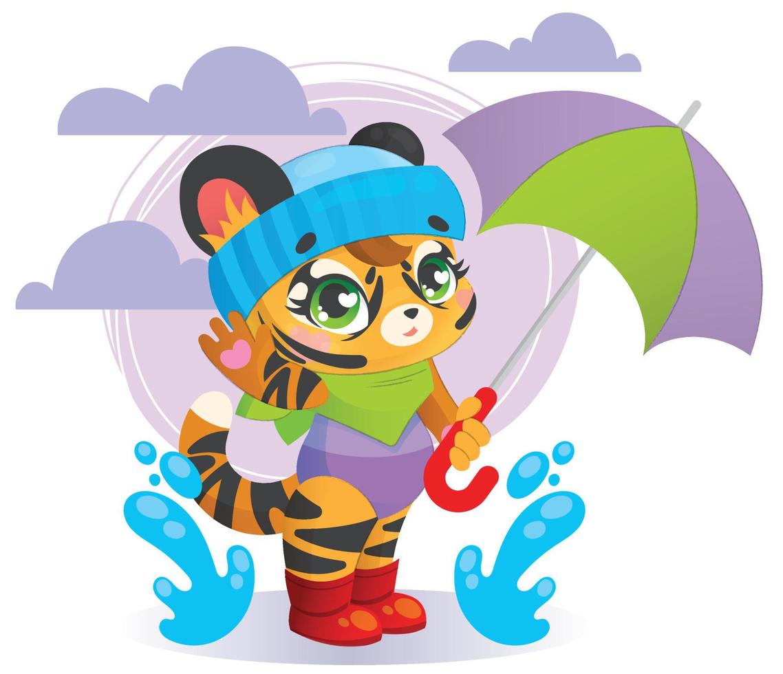 Ein süßer Babytiger geht draußen unter einem Regenschirm spazieren. kindervorschulillustration. vektor