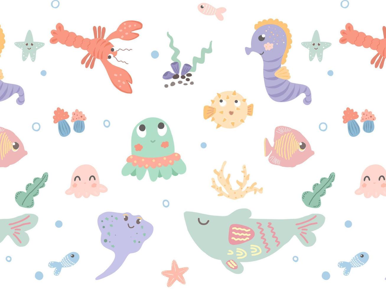 Muster der Unterwasserwelt. Zeichentrickfiguren unter Wasser. Wale, Fische, Seesterne, Tintenfische. handgezeichnetes Muster für Kindertextilien, Tapeten, Stoffe. vektor