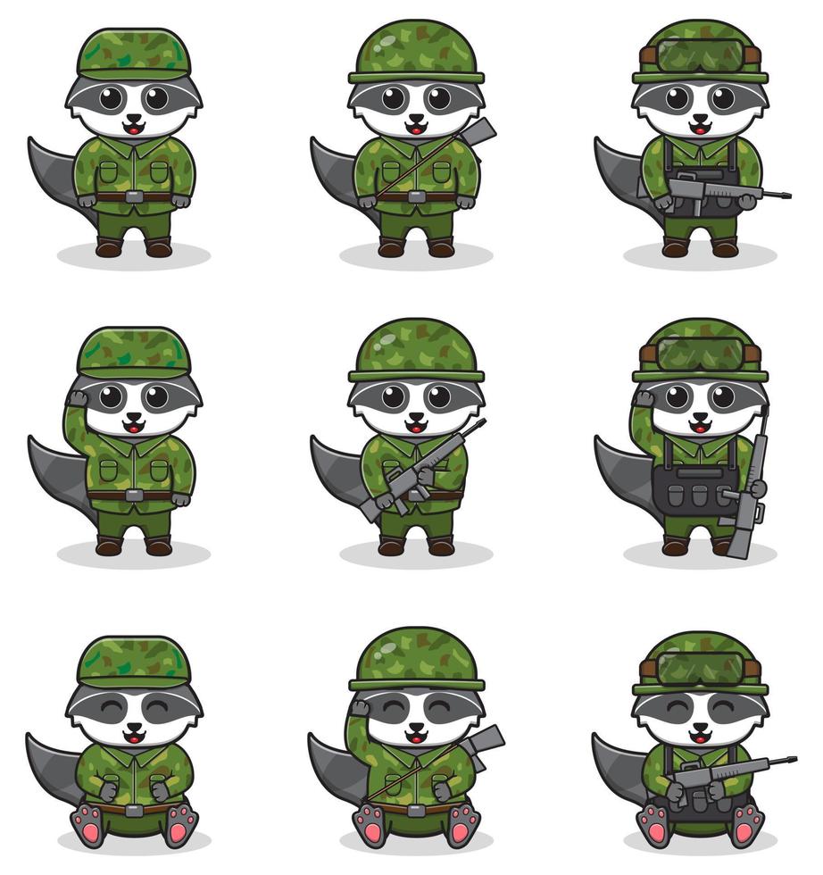 vektor illustrationer av söt tvättbjörn som soldat.