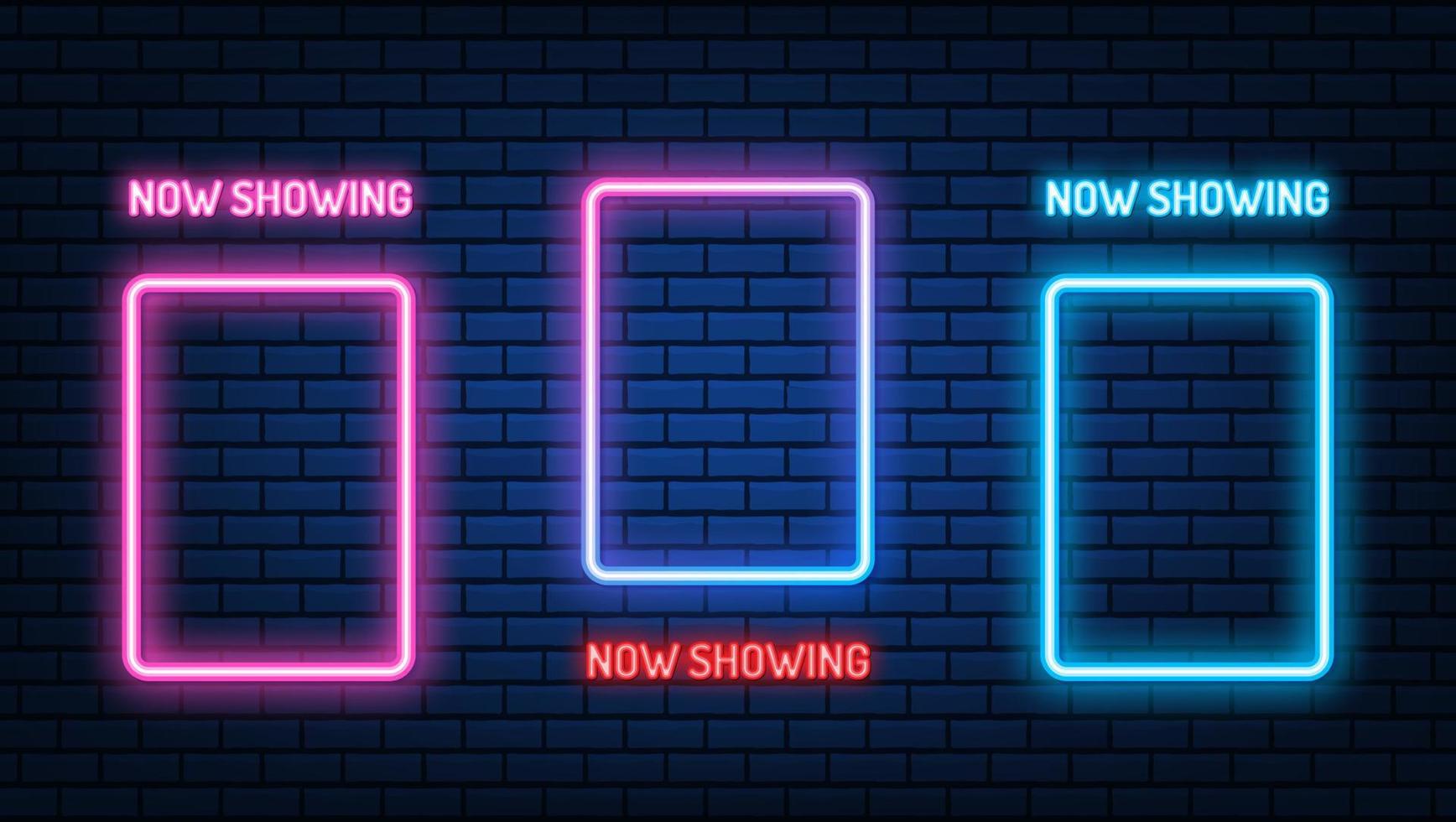 Neon-Kino-Mockup-Schild. leuchtendes Neonquadrat. glänzende led- oder halogenlampen rahmen banner ein. auf Backsteinmauer-Vektorsatz. vektor