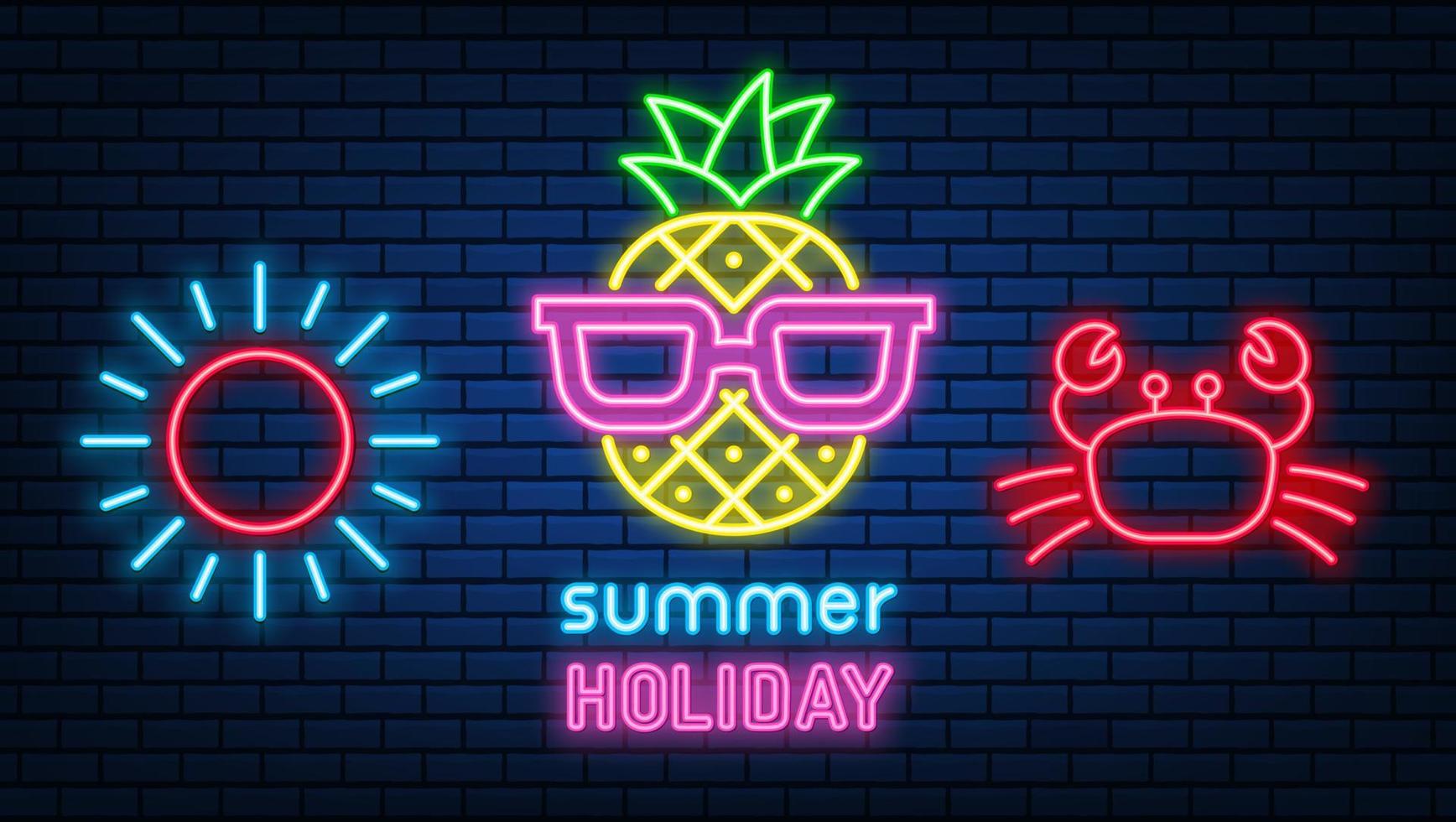 neon ananas sommarskyltar glödande färg lysande led eller halogenlampor ram banners. på tegelvägg vektor set.