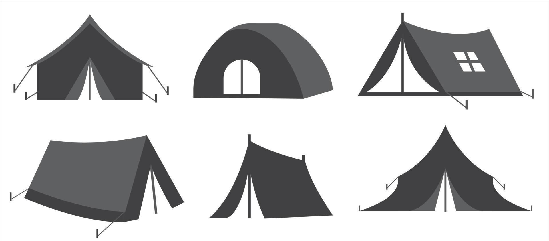 Set von Campingzelten Symbolen Vektorsilhouette auf weißem Hintergrund vektor