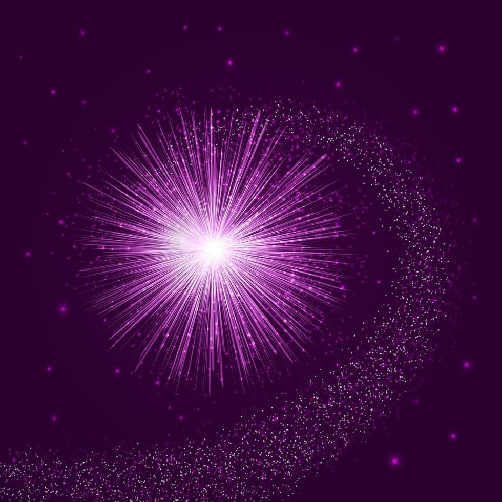 stjärnexplosion på lila bakgrund. spiral spår skytte gnistrande komet vektor