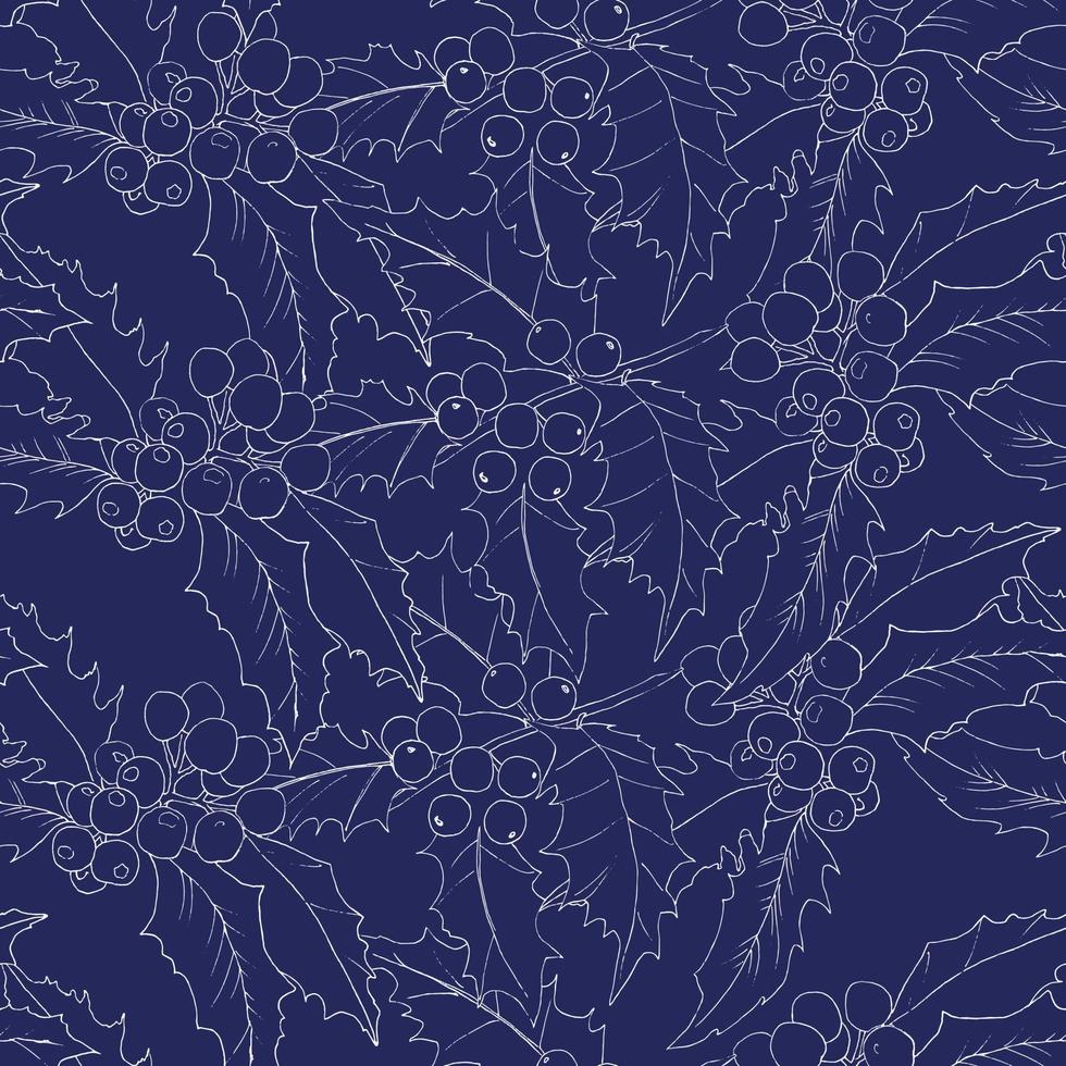 Nahtloses Vektormuster mit weißen Umrissen Stechpalmensilhouetten verzweigt sich auf tiefblauem Hintergrund. hintergrund für textilien, stoffe, abdeckungen, tapeten, druck, geschenkverpackung vektor