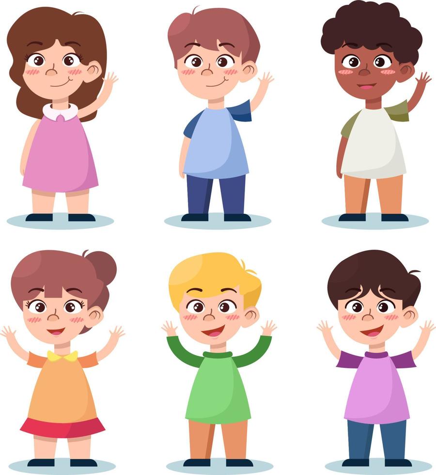 eine Gruppe von sechs kleinen lustigen Kindern mit unterschiedlichen Haut- und Haarfarben vektor