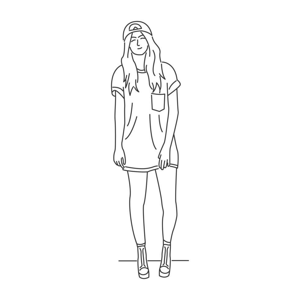 junges Mädchen in Freizeitkleidung stehend und lächelnd. Minimaler Cartoon-Stil vektor