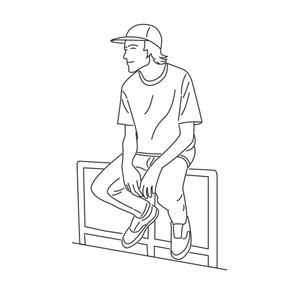 junger Mann, der sich entspannt und auf dem Zaun sitzt. Cartoon-minimaler Stil vektor