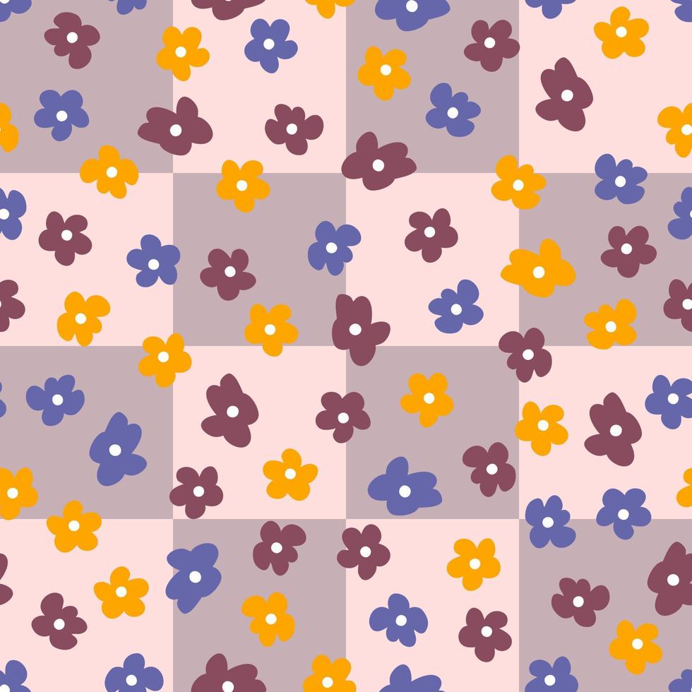 Checkers nahtlose Muster mit abstrakten Blumen im Stil der 1970er Jahre. vektor