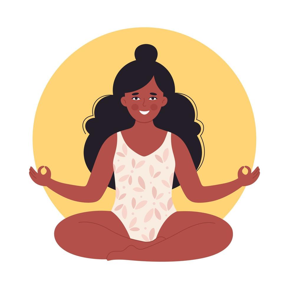 svart kvinna mediterar i baddräkt. hälsosam livsstil, yoga, slappna av, andning vektor