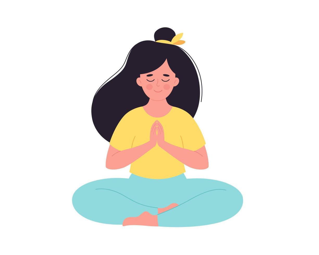 kvinna som mediterar i lotusställning. hälsosam livsstil, yoga, andningsträning vektor