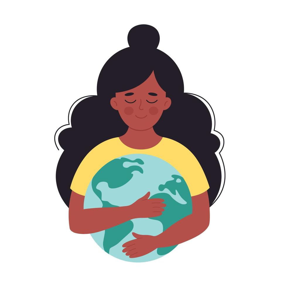 svart kvinna kramar jorden världen. jordens dag, räddar planeten vektor