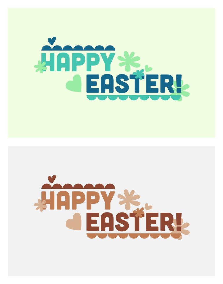 buntes modernes frohes ostern-plakat im flachen design. satz von typografischen plakaten mit frohem ostern-text in grünen und braunen tönen. Designs mit floralen Elementen und Herzformen. vektor