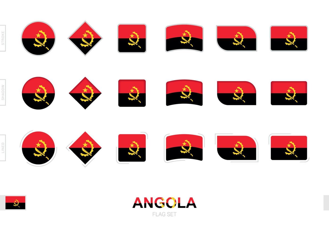 Angola-Flaggen-Set, einfache Flaggen von Angola mit drei verschiedenen Effekten. vektor