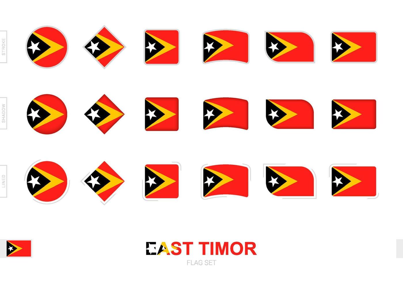 Osttimor-Flaggensatz, einfache Flaggen von Osttimor mit drei verschiedenen Effekten. vektor