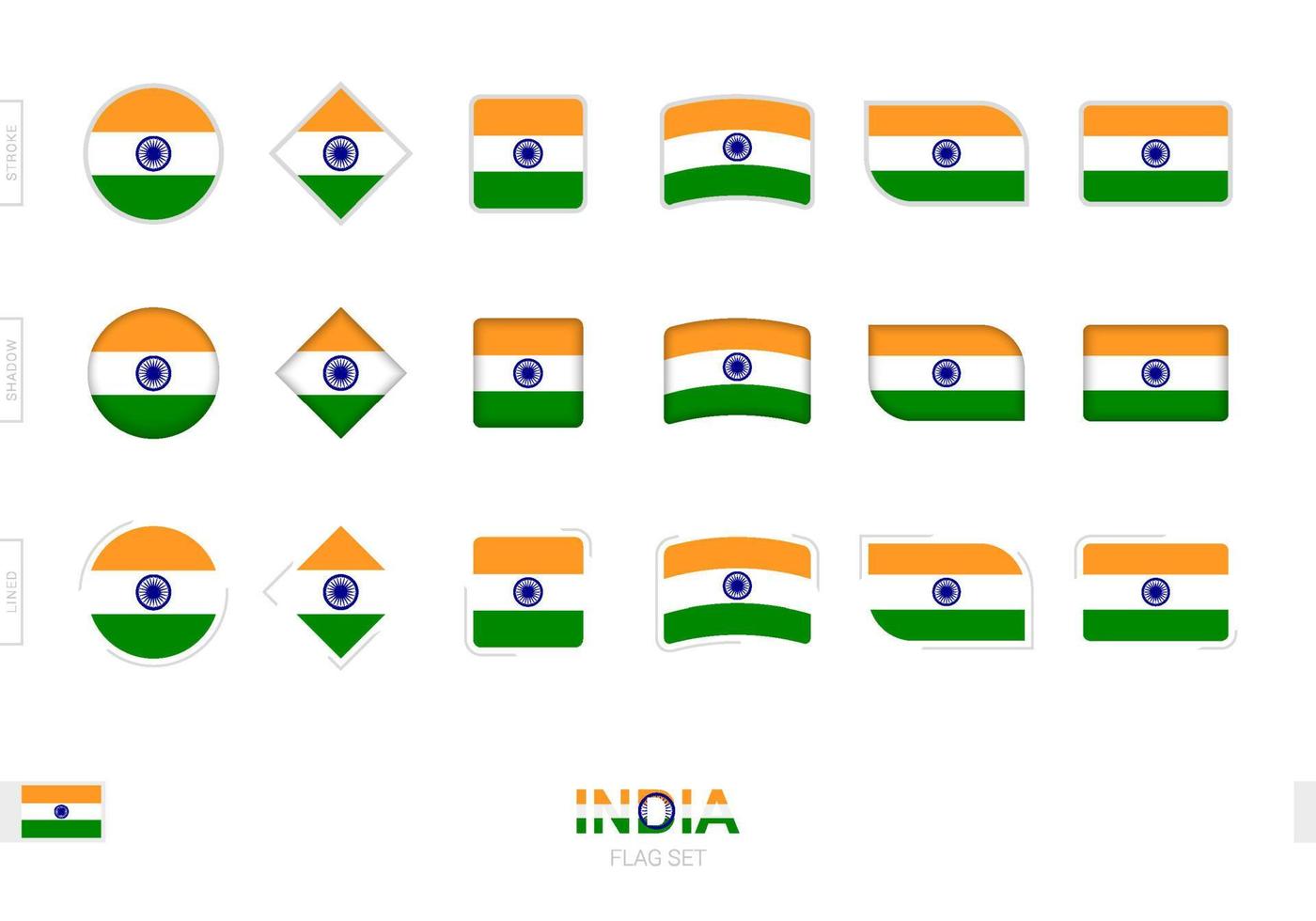 Indien flagguppsättning, enkla Indiens flaggor med tre olika effekter. vektor