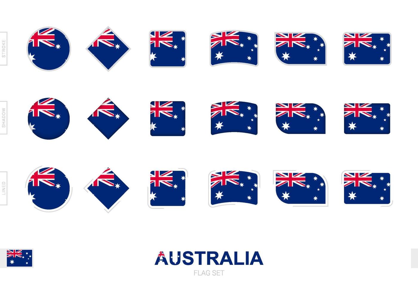 australien-flaggensatz, einfache australien-flaggen mit drei verschiedenen effekten. vektor