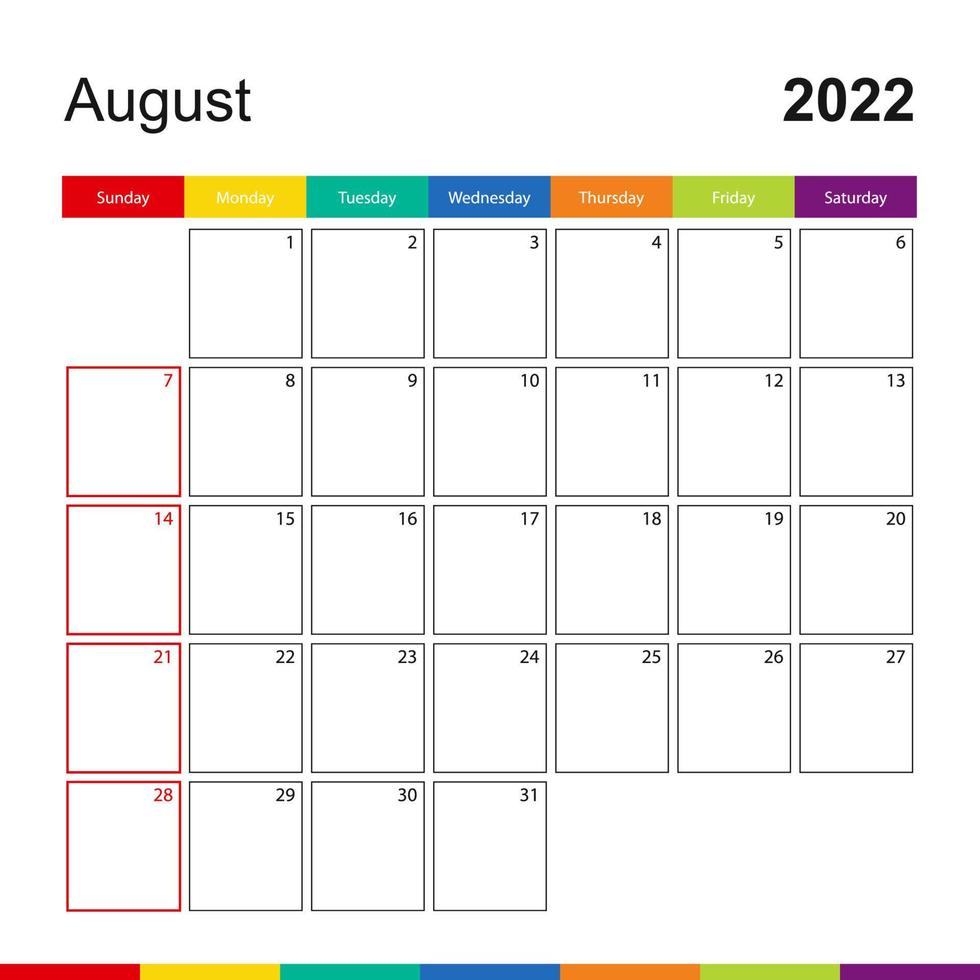 August 2022 bunter Wandkalender, Woche beginnt am Sonntag. vektor