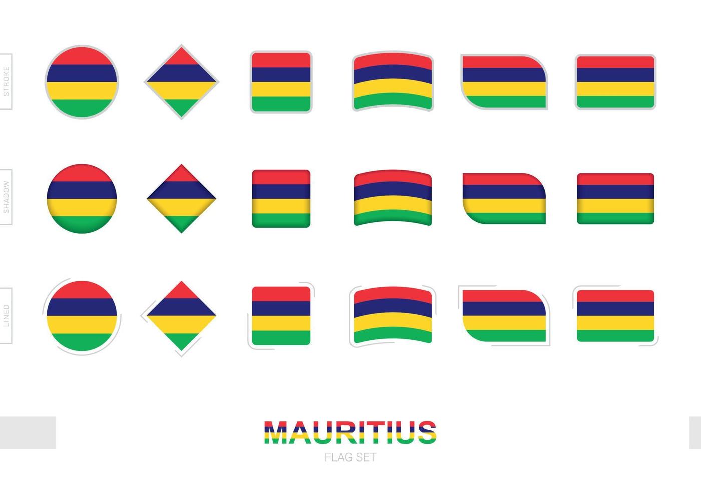 Mauritius-Flaggen-Set, einfache Flaggen von Mauritius mit drei verschiedenen Effekten. vektor
