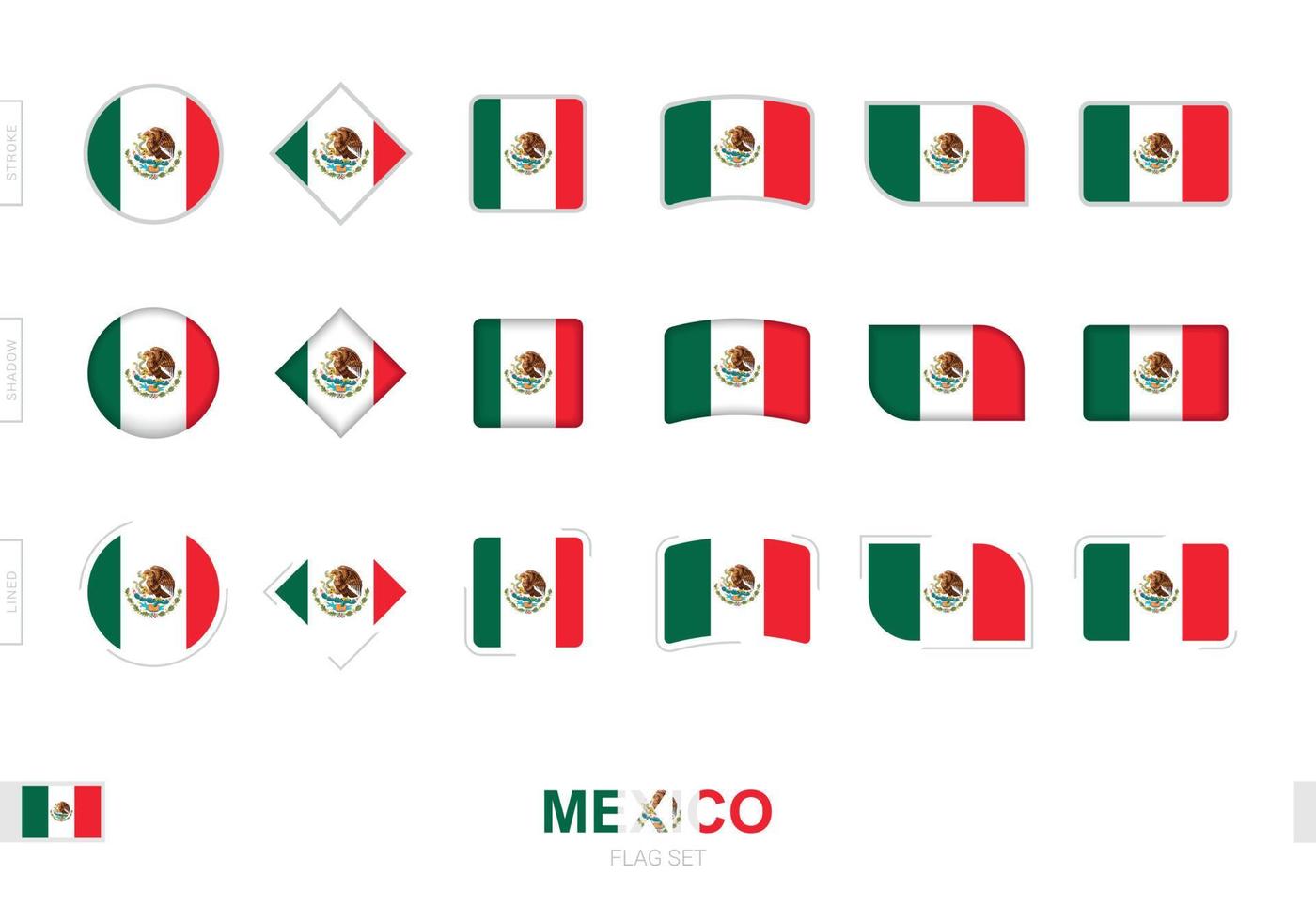 mexiko-flaggensatz, einfache mexiko-flaggen mit drei verschiedenen effekten. vektor