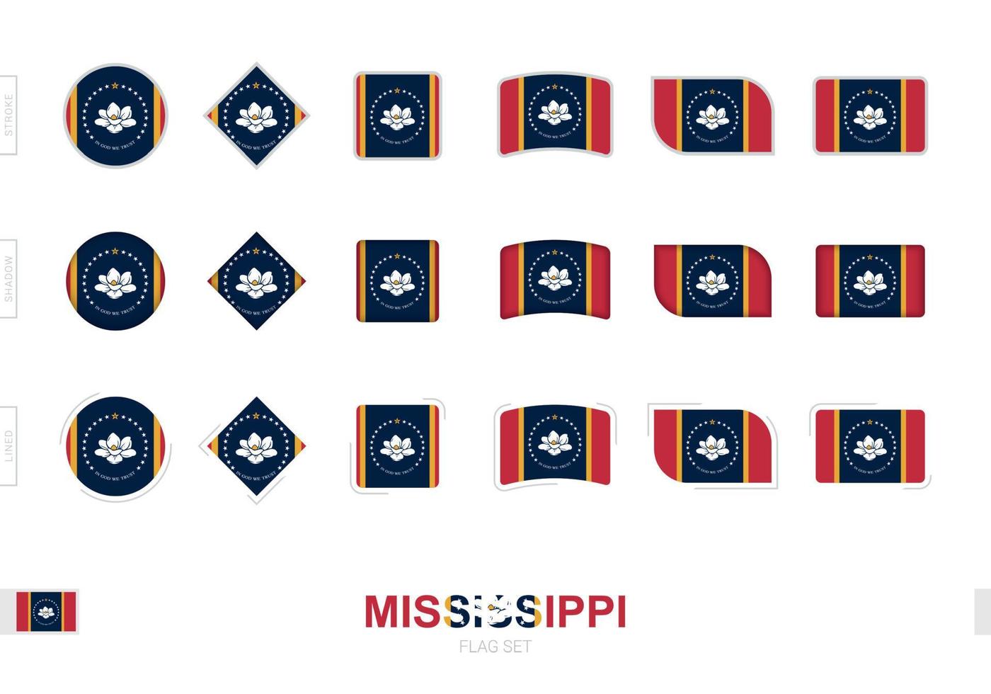 mississippi flagg set, enkla flaggor av mississippi med tre olika effekter. vektor