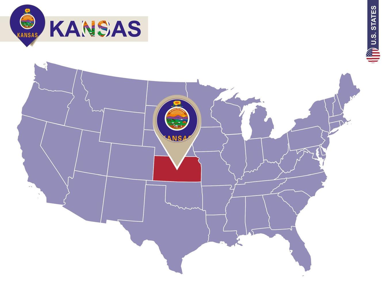 Kansas State auf der Karte der USA. Kansas-Flagge und Karte. vektor