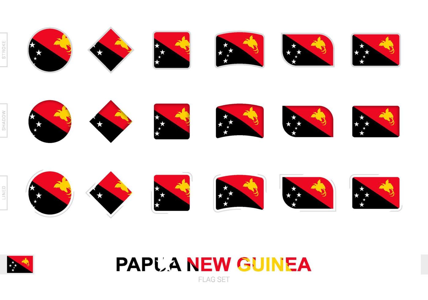 Papua-Neuguinea-Flaggen-Set, einfache Flaggen von Papua-Neuguinea mit drei verschiedenen Effekten. vektor