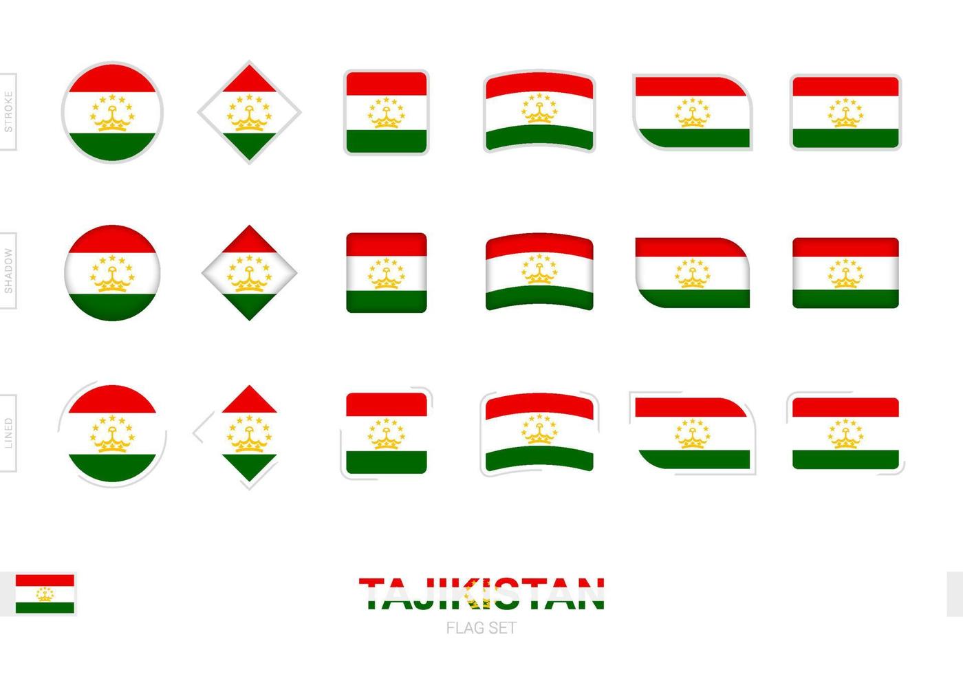 Tadschikistan-Flaggensatz, einfache Flaggen von Tadschikistan mit drei verschiedenen Effekten. vektor