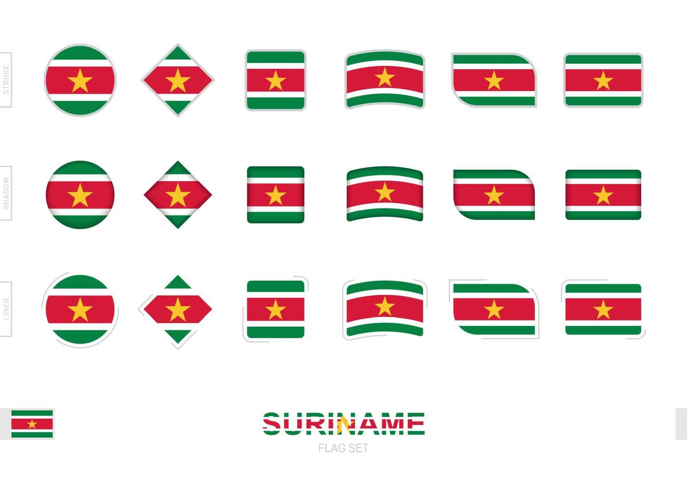 surinam flagga set, enkla flaggor av surinam med tre olika effekter. vektor