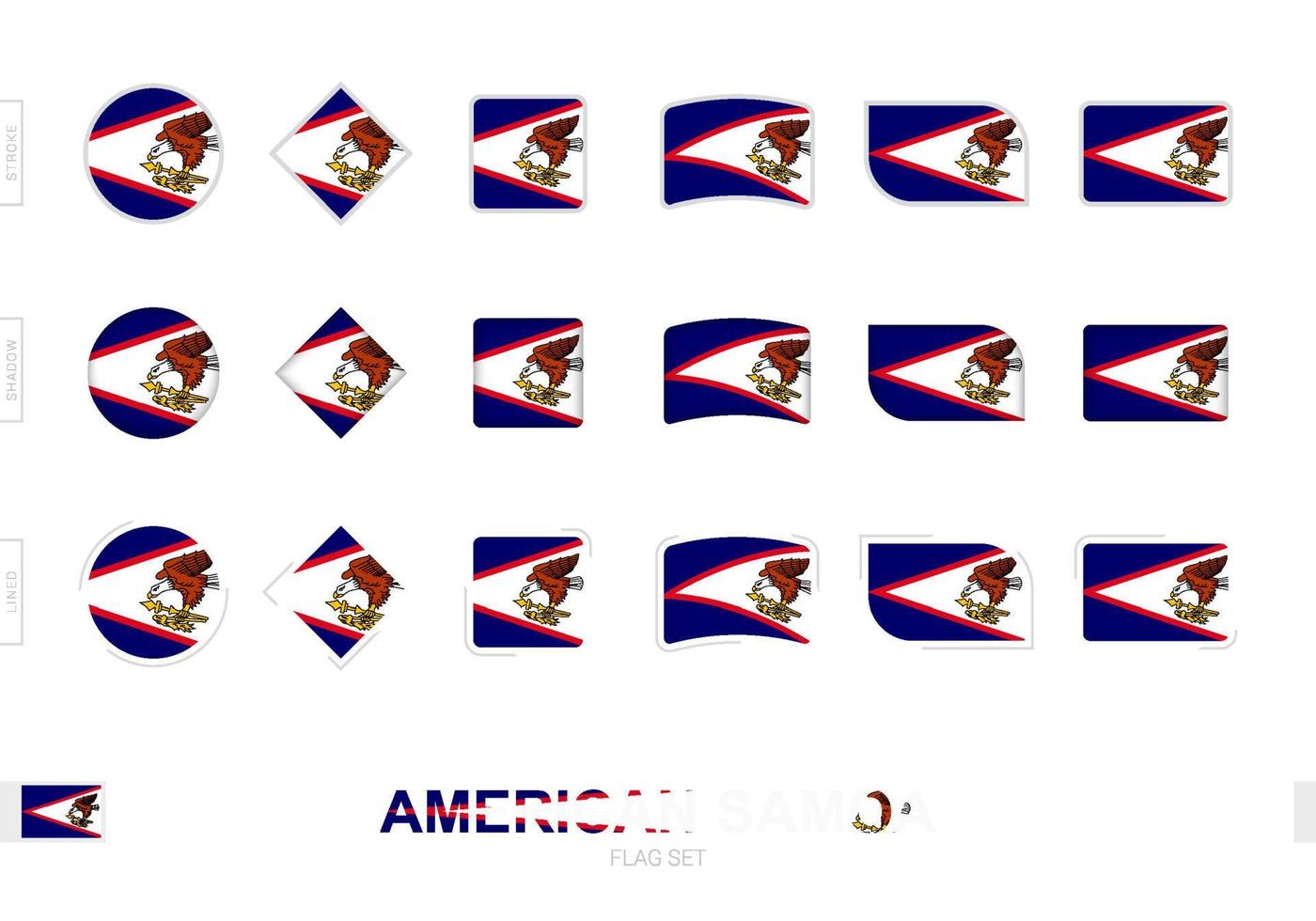 American Samoa Flag Set, einfache Flaggen von American Samoa mit drei verschiedenen Effekten. vektor