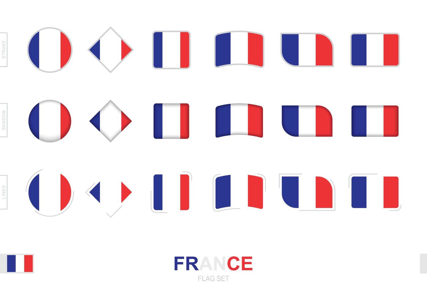 Frankreich-Flaggen-Set, einfache Flaggen von Frankreich mit drei verschiedenen Effekten. vektor