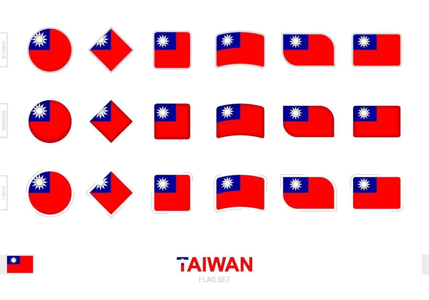 Taiwan-Flaggen-Set, einfache Flaggen von Taiwan mit drei verschiedenen Effekten. vektor