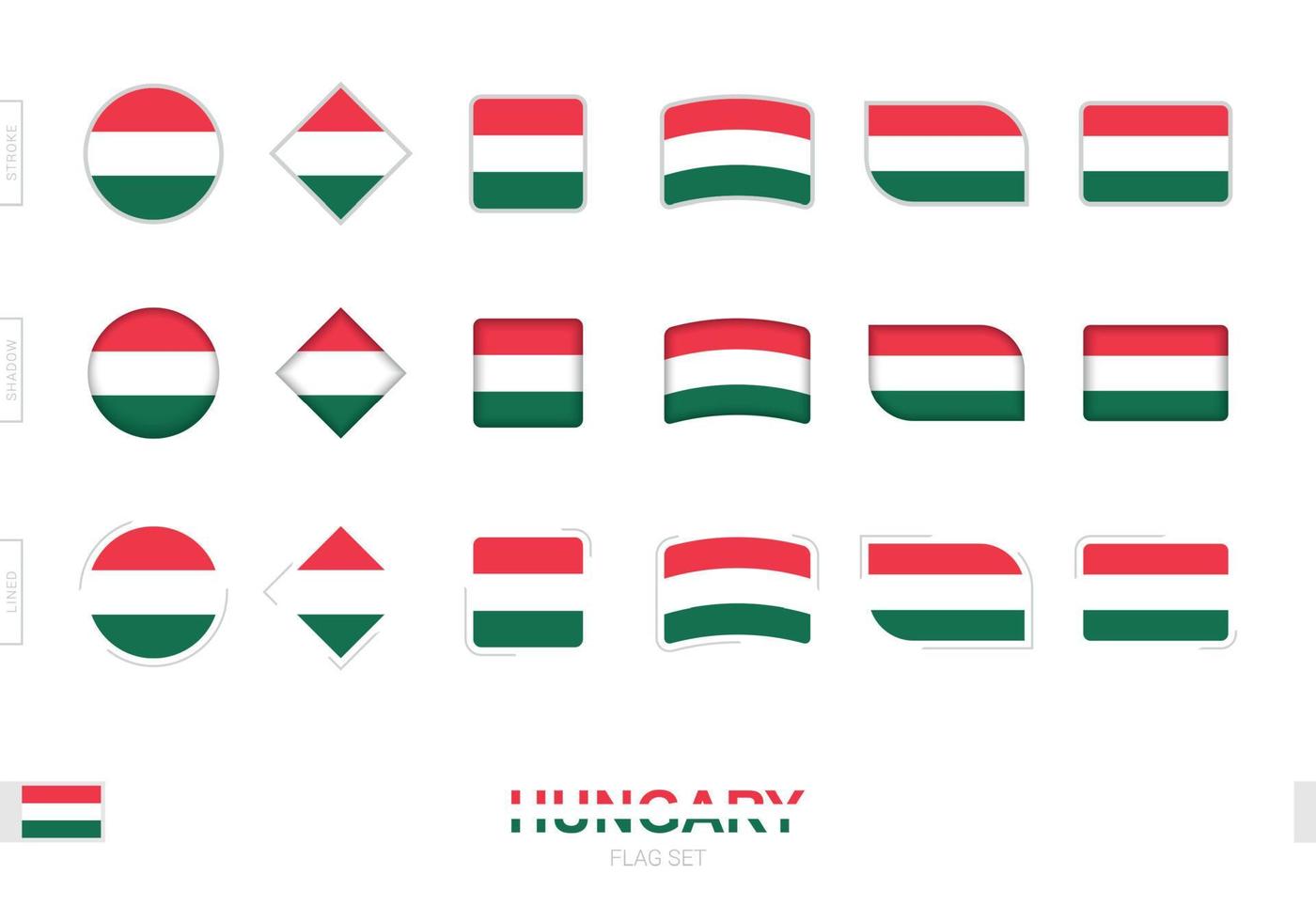 Ungarn-Flaggen-Set, einfache Flaggen von Ungarn mit drei verschiedenen Effekten. vektor