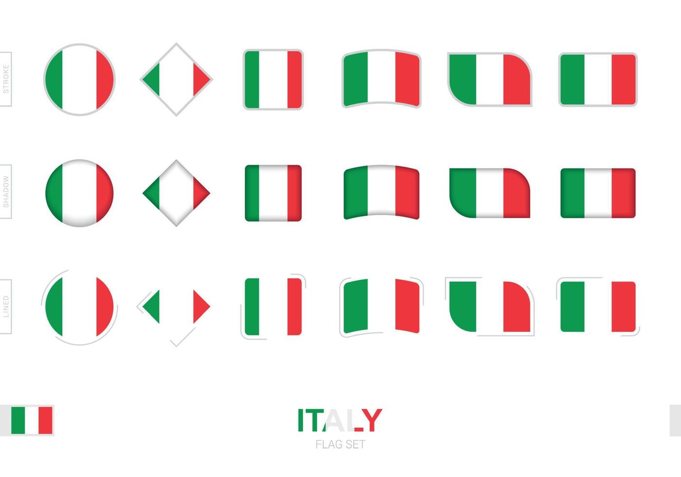Italien-Flaggen-Set, einfache Flaggen von Italien mit drei verschiedenen Effekten. vektor