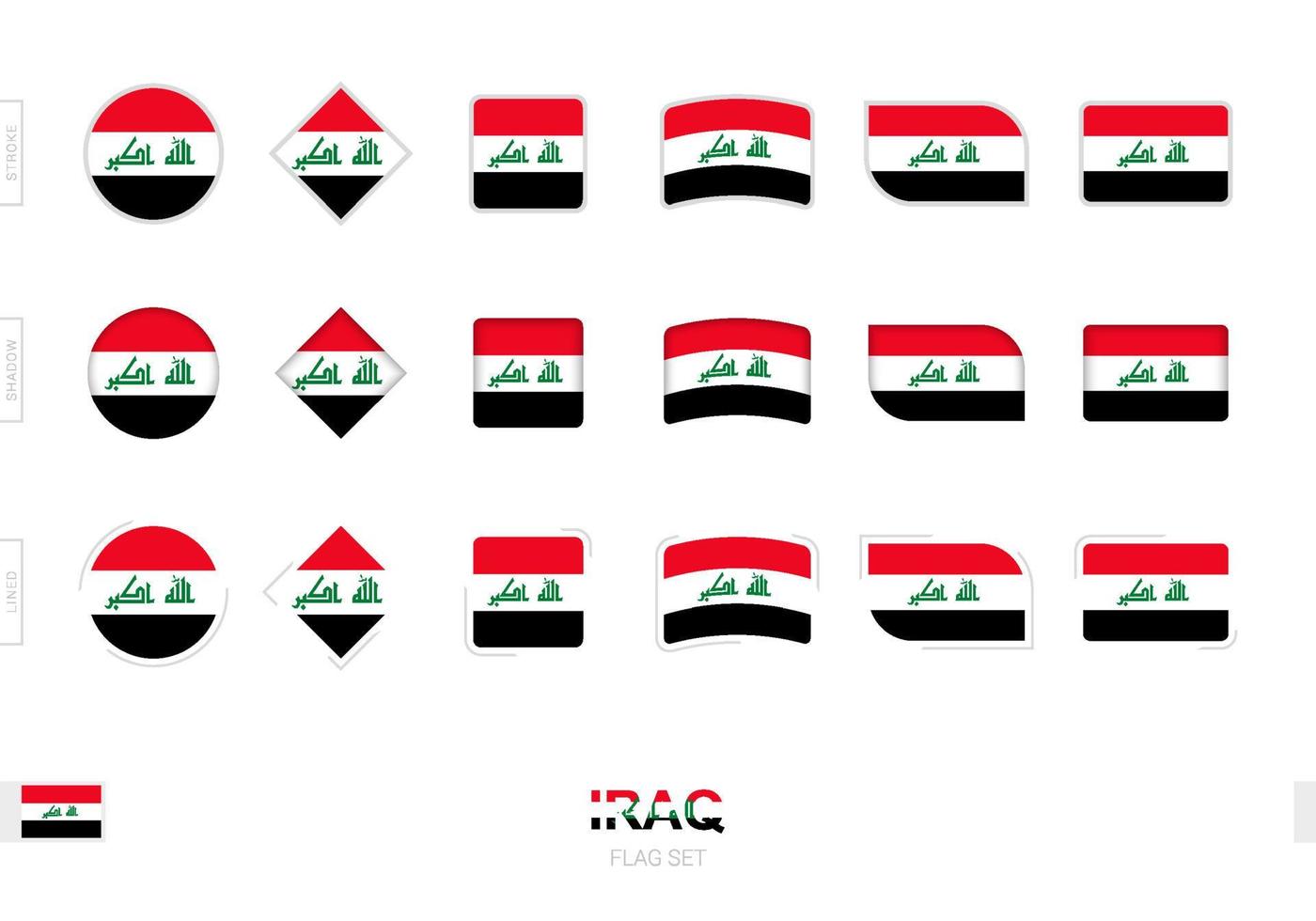 Irak-Flaggen-Set, einfache Flaggen des Irak mit drei verschiedenen Effekten. vektor