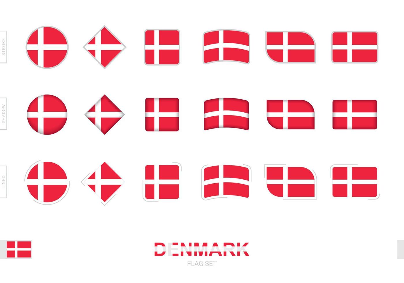 Dänemark-Flaggen-Set, einfache Flaggen von Dänemark mit drei verschiedenen Effekten. vektor