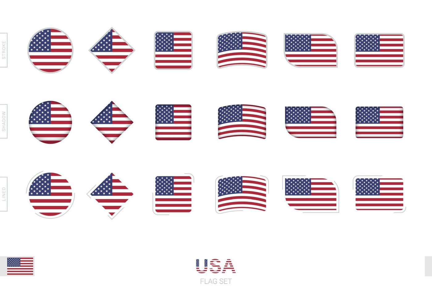 USA-Flaggen-Set, einfache Flaggen der USA mit drei verschiedenen Effekten. vektor