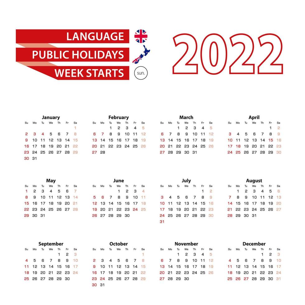 kalender 2022 på engelska med helgdagar landet Nya Zeeland år 2022. vektor